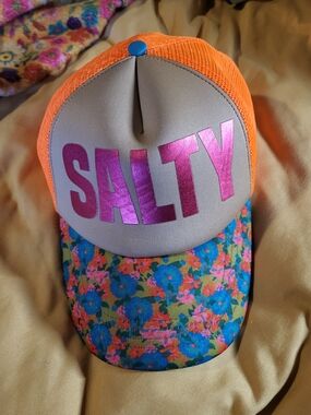 NATURAL LIFE Orange Mesh 'SALTY' Trucker Hat with Floral Brim